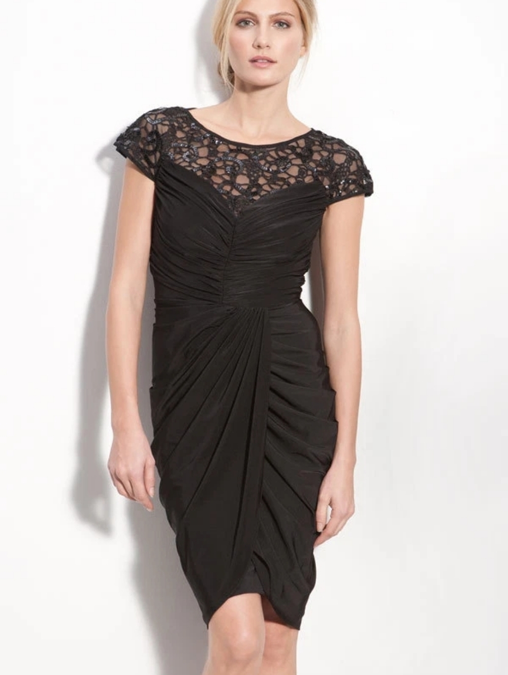 Sz M Vintage Black Tadashi Shoji Gathered Cocktail Lace Dress For Women LBD